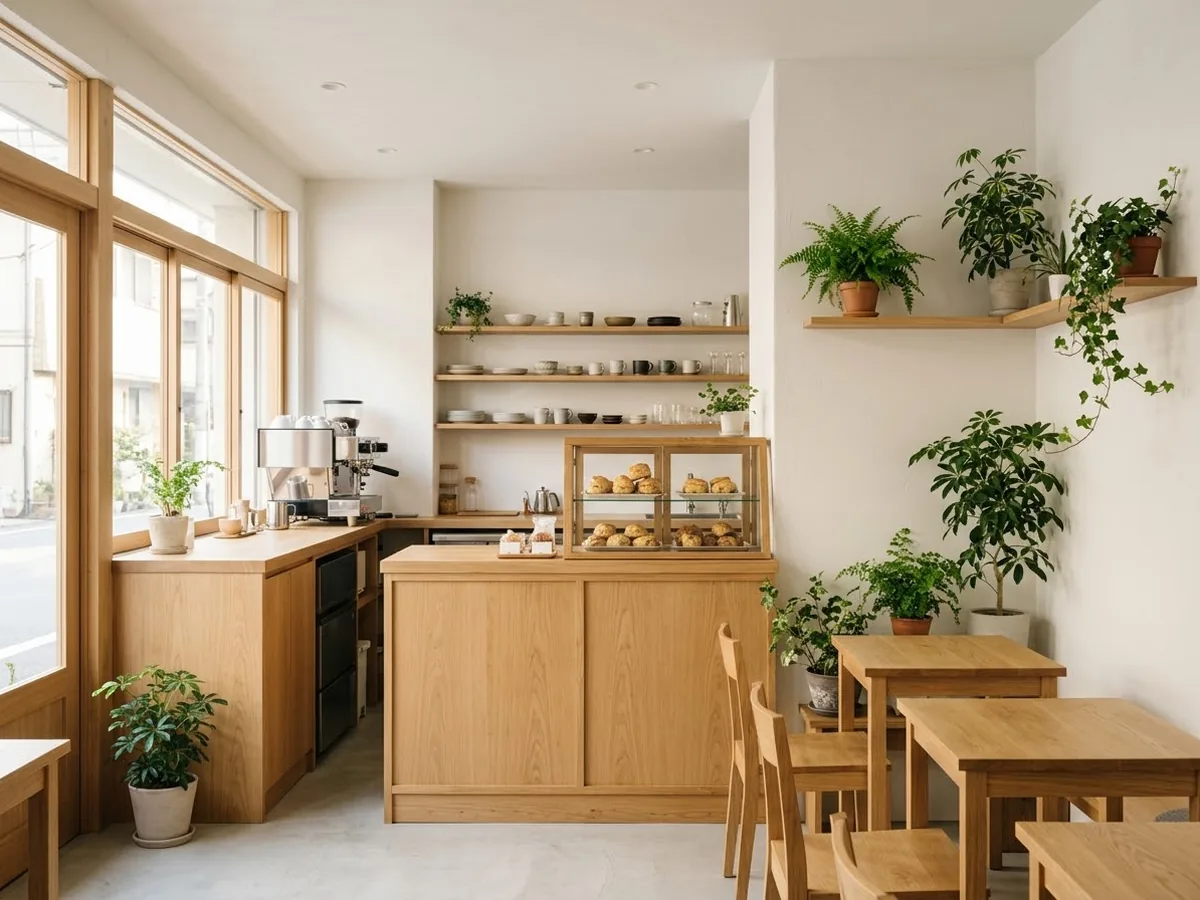 白い壁と明るい木のテーブル、植物の鉢が置かれた店内の写真(AIで作成したイメージ)