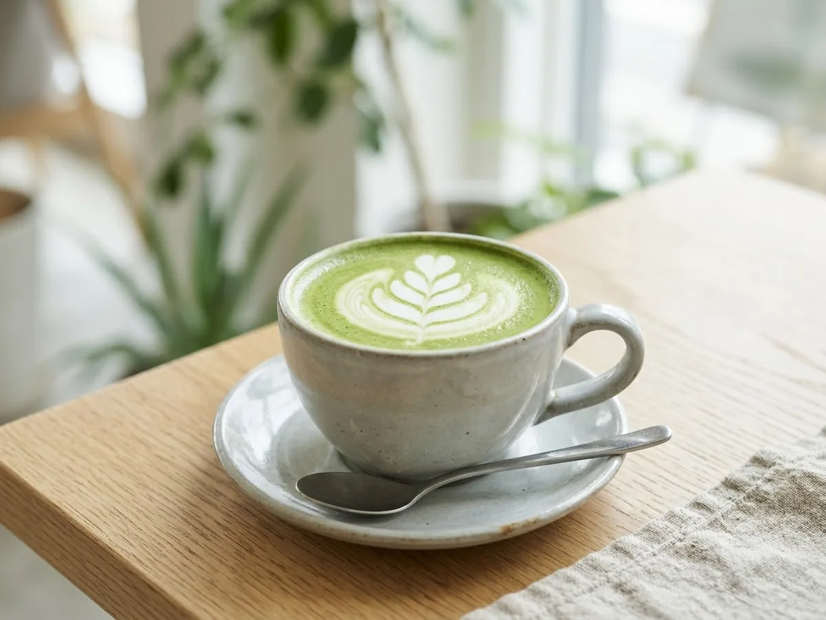 白いカップに入った、ミルクの泡で模様を描いた抹茶ラテの写真(AIで作成したイメージ)